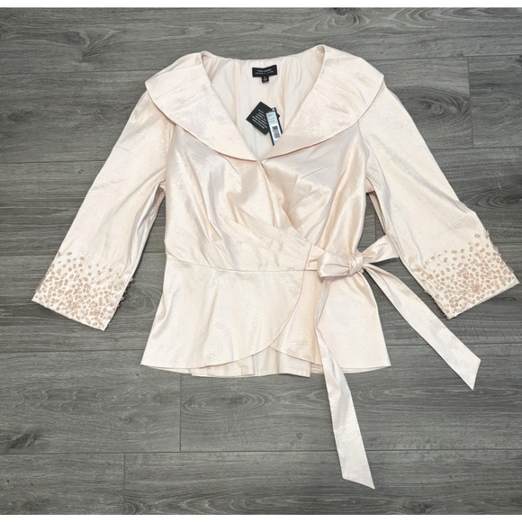 Tahari Arthur S. Levine Pale Blush Satin‎ Jacket Top Beaded Wrap Tie Waist XL - Picture 1 of 9